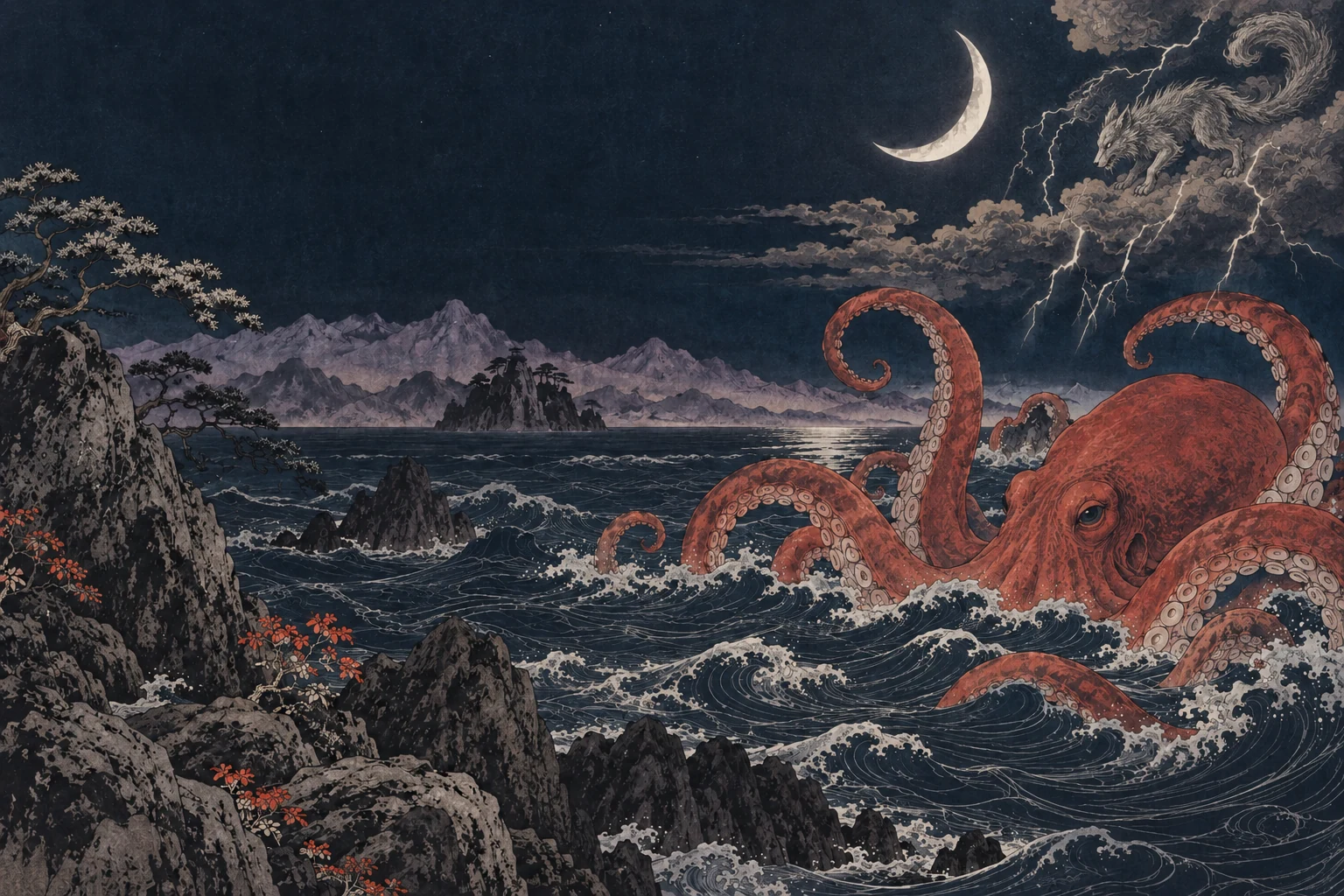 Interpretación ilustrada de un mar nocturno: rocas junto al agua, un pulpo rojo entre las olas y una bestia de tormenta bajo la luna.